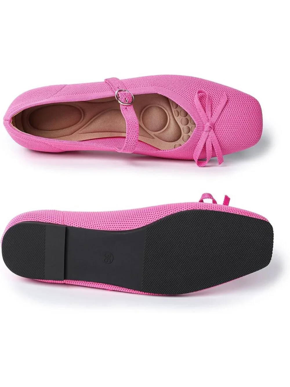 Women's Pink Comfortable Ankle Strap Square Toe Mary Jane Ballet Flats - Picture 4 of 6